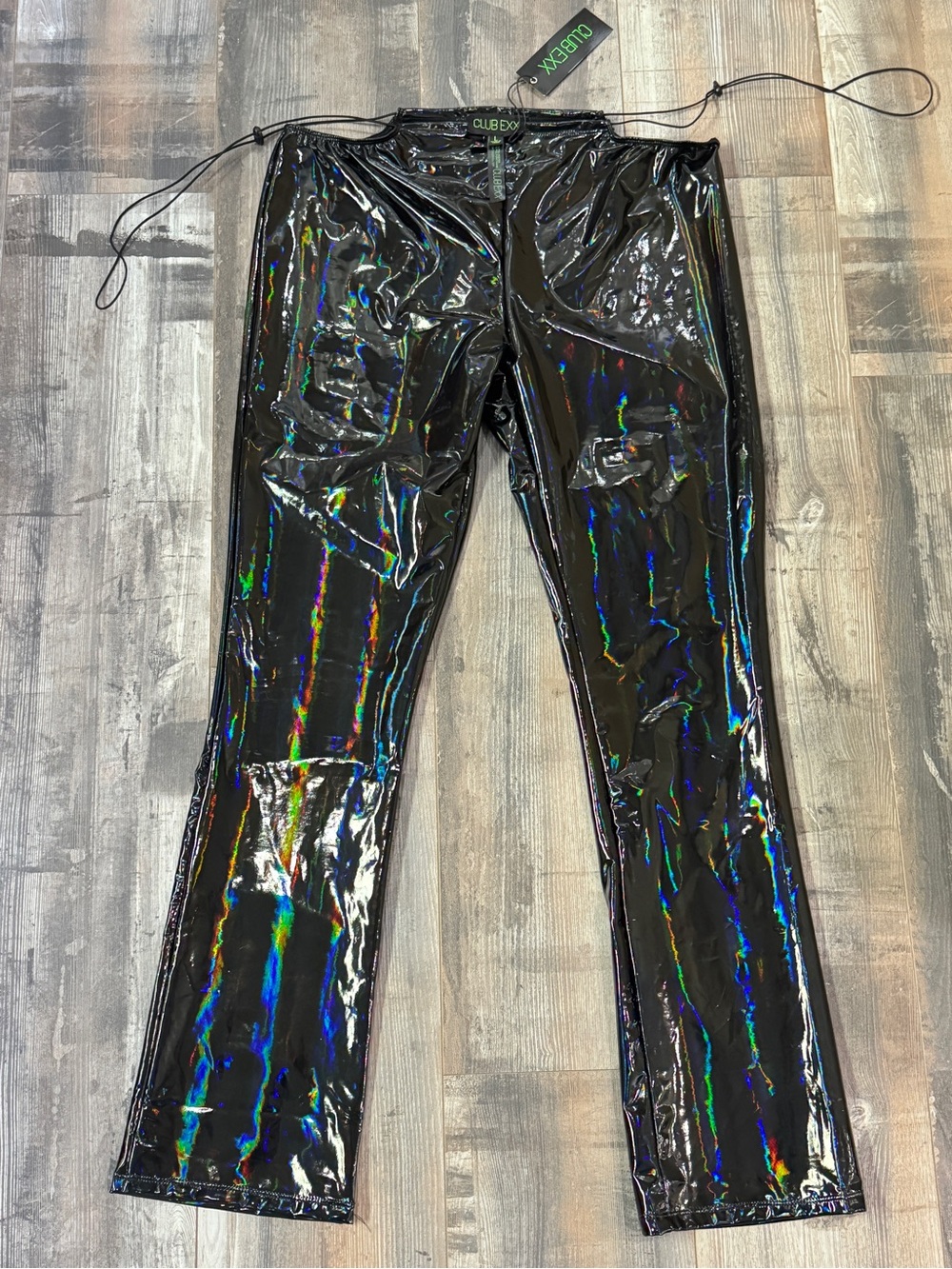 Sz large Club Exx laser holographic shiny faux leather pants w/iridescent sheen